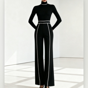 ชุดเซ็ตแฟชั่น 2 ชิ้น เสื้อถักแขนยาวคอตั้งแต่งขอบตัดสีช่วงเอวทรงสวยสำหรับผู้หญิง พร้อมกางเกงขายาวทรงกว้าง สไตล์ฤดูใบไม้ร่วง - Product Image 2