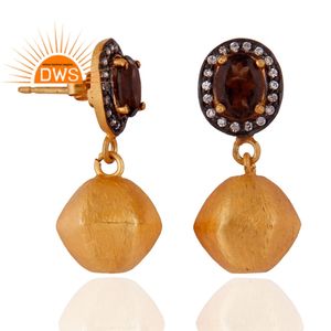 Smoky Quartz Gemstone Earrings Indian Designer Gold Plated Brass Fashion Dangle Earrings Jewelry Supplier - Product Image 2