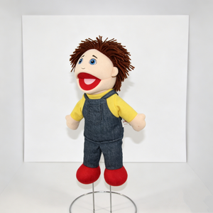 Customized Unisex Blonde Hair Blue <b>Bow</b> Yellow Shirt Denim Vest <b>Red</b> Shoes Plush Puppet for Birthday Accessories - Product Image 1