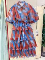 Robe midi tie-dye à volants pour femme, manches courtes bouffantes, col à revers, ceinture à la taille, robe chemise superposée pour les fêtes et la plage
