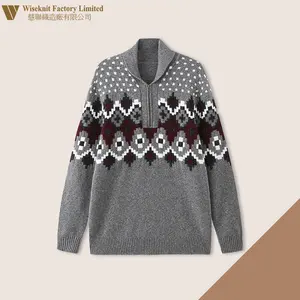 street style Hot Sell Printed Knit Loose Men Sweater Cardigan Pullover Half Zipper Male Sweater Grey Color Causal Knitted