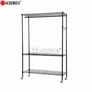 Factory Wholesale Clothing 3 Layer Black Adjustable Metal Clothes Stand Shelf <strong>Wire</strong> <strong>Rack</strong> With Wheel