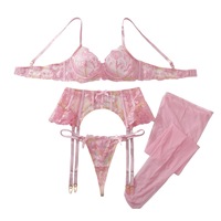 Set Lingerie Seksi Pink dengan Bordir Bunga dan Renda, 2 Potong, Push-Up, Membentuk Tubuh, Transparan, Pure Desire, Erotis, Pakaian Dalam Wanita