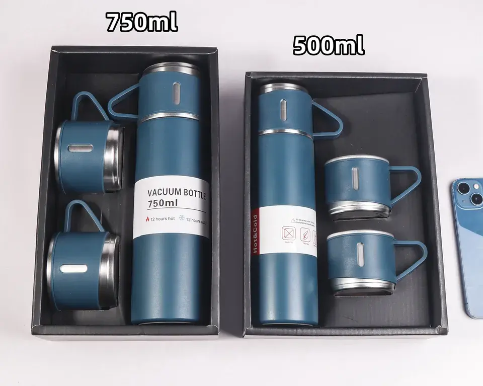 Hot Sale Travel with 2 Cups Gift Box Vaccum Insulated Mug 500ml Stainless Steel Business Thermal Flask Set
