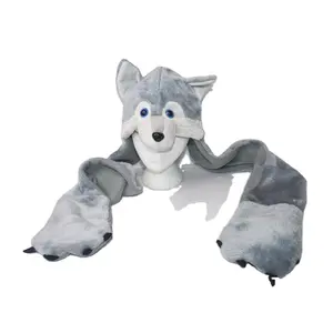 1971 Wholesale Plush Wolf Hat With Paws Gloves Long Furry Gray Fun Impact Merchandise Animal Hats with Paws