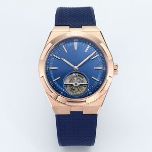 Montre mécanique à tourbillon avec bracelet en cuir bleu de style classique, tendance et élégante, unisexe, boîtier en acier inoxydable haut de gamme - Product Image 1