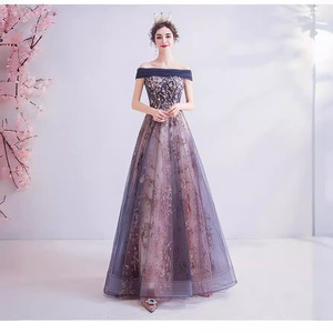 Purple Off-Shoulder Tulle Ball Gown Dress With Floral Embroidery For Evening Parties Weddings - Product Image 2