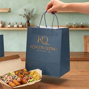 Custom Biodegradable Recyclable Disposable Restaurant Bar Food Delivery Packaging <b>Bags</b> Set Handles Custom Logo Kraft <b>Paper</b> - Product Image 4
