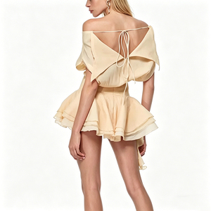 Elegant Nude Flowy Mini <strong>Dress</strong> with Off Shoulder and 3D Applique <strong>Romantic</strong> Beach <strong>Dress</strong> for Summer Vacation Customizable - Product Image 4