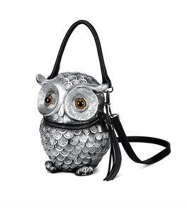 レディースカスタム 小型スクエアレザーショルダーバッグ 3Dアウルパターン カジュアルトート オープン開閉 チェーンジッパータイプ - Product Image 3