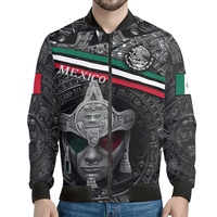 Jaket Bomber Pria Desainer Meksiko Aztec Warrior 3D Print Poliester dengan Detail Kulit Sapi, Logo Custom, Grosir Mewah
