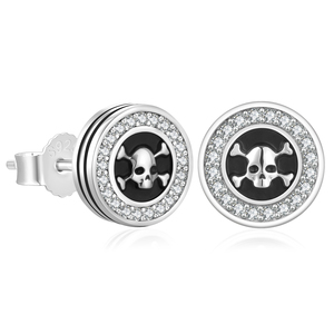 <b>Mens</b> Gothic Skull Crossbones Stud <b>Earrings</b> 925 Silver <b>Black</b> Enamel 5A CZ Iced Out Streetwear Hypoallergenic Water Skull <b>Earring</b> - Product Image 1