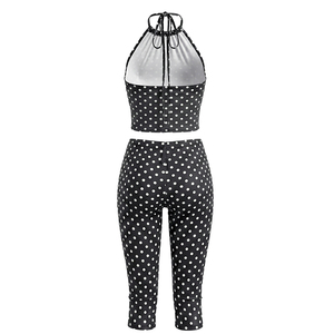 Viviblook D26ST222 Women <b>Set</b> <b>Sexy</b> Polka Dot Printed Drawstring Halter Tank Top Tight Fitting Cropped Pants Two Pieces <b>Set</b> - Product Image 5