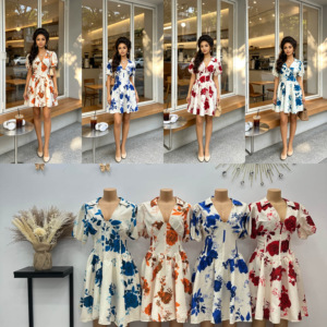 Robe Courte Vintage à Imprimé Floral Rose pour Femme, Col en V, Manches Bouffantes, Taille Haute, Coupe Trapèze, Mini-Robe de Soirée <span class=keywords><strong>D</strong></span>écontractée pour Femme Africaine - Product Image 1