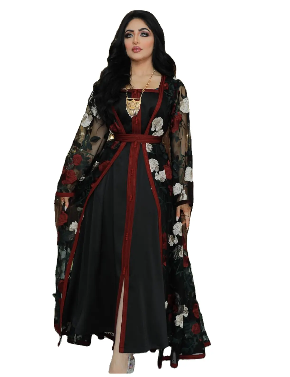2021 Latest Design Luxury Rhinestone Diamond Abaya With Hijab Chiffon Two Piece Set Islamic Clothing Kaftan Style Muslim Dress