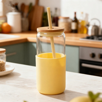 Bouteille en verre 600 ml (20 oz) avec manchon en silicone, couvercle en bois et paille, en verre borosilicate de haute qualité, tasse de bureau pour eau et lait avec couvercle en bambou