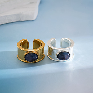 Latest Gold Plated Daily Wear Wave Texture Oval Natural Stone Open <b>Ring</b> Exaggerate Wide <b>Thick</b> Stainless Steel Opening <b>Ring</b> - Product Image 4