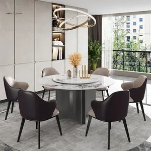 Modern Round Sintered Stone Top Dining Table Luxury Italian Nature Marble Round Dining Table With Rotating Centre Lazy Susan