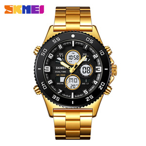 Skmei Men's Dual Time Digital Watch Gold Stainless Steel Band 3Bar Water Resistant Multifunction Quartz Watch - Product Image 1