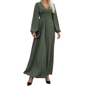 Robe de soirée fendue à col en V pour femme grande taille, manches longues lanternes, idéale pour le bureau ou les soirées d'automne - Product Image 4