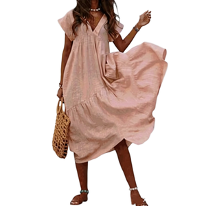 เดรสผ้าซาตินทรงโบฮีเมียนสำหรับผู้หญิง แขนสั้น คอวี ความยาวคลุมเข่า ใส่สบาย ระบายอากาศได้ดี เป็นมิตรกับสิ่งแวดล้อม ทรงหลวม สีพื้น ย้อมด้านหน้า เหมาะสำหรับใส่ไปเที่ยวชายหาดในฤดูร้อน - Product Image 1