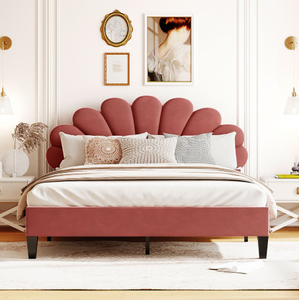 Modern Adjustable <b>Queen</b> <b>Size</b> Red Velvet Upholstered Eco-Friendly Platform <b>Bed</b> Floral Pattern Headboard Soft Style Bedroom - Product Image 3