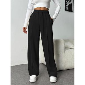 Pantalon de survêtement large pour femme, taille haute, coupe ample, avec coutures élastiques, poches, décontracté, tricoté, respirant - Product Image 3