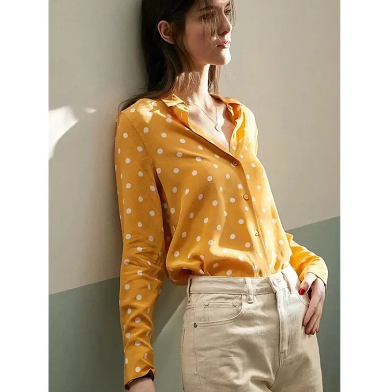 Camicette da donna a maniche lunghe con colletto rovesciato camicia in Chiffon da lavoro camicia Casual da donna a pois