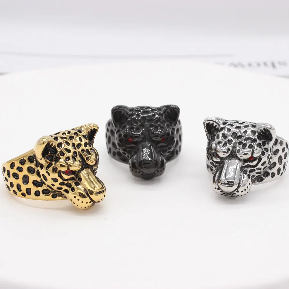 Vendita calda di alta qualità delicato raro personalizzato Retro testa di leopardo ghepardo da uomo anello in acciaio al titanio all'ingrosso