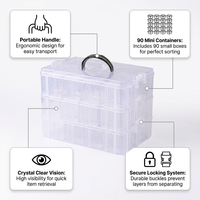 Boîte de rangement portable en plastique à 3 niveaux avec 90 petites boîtes intérieures, empilable, transparente, pour bijoux et perles, avec poignée