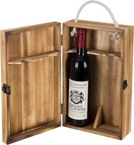 Boîte cadeau à vin en MDF gris foncé faite à la main - Porte-bouteilles double avec couvercle à charnière et poignée supérieure, emballage rectangulaire de luxe style campagnard - Product Image 1