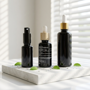 Wholesale Custom Logo Dark Boston Glass Dropper <b>Bottles</b>, Light Block Serum Glass Vials with Bamboo & Gold Dropper Caps - Product Image 1