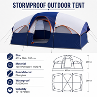 Carpa de Camping Familiar Grande para 8-12 Personas, Impermeable, Tipo Cabaña, Poliéster 190T, para Exteriores, 4 Estaciones, para Senderismo y Fiestas, OEM ODM