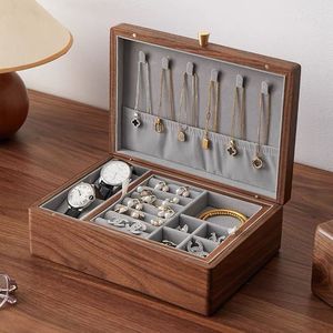 <b>Black</b> Walnut Wood Jewelry <b>Box</b> 25x18x8.8cm With Lids For Necklaces Watches Storage Rectangle Solid Wood Design - Product Image 3