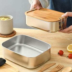 Bento <b>Lunch</b> Box for Adults / Children Stainless Steel <b>Lunch</b> Box and <b>Lunch</b> Box 800 Ml/1200 ml Metal Box with Wooden Lid B - Product Image 2