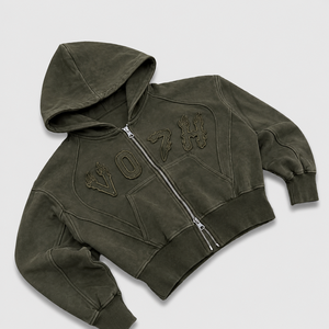 OEM Heavyweight Boxy Zip Hoodie Olive Green Tonal Embroidery Applique Cropped Streetwear Logo Design Premium Quality Men Hoodie - Product Image 1