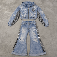 Ensemble sweat à capuche zippé et pantalon en jean vieilli pour homme avec détails à lacets – Fournisseur OEM/ODM