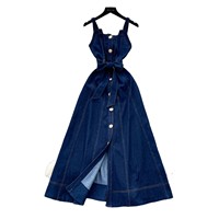 Robe longue rétro en jean pour femme, style simple, boutonnée, avec laçage à la taille, coupe trapèze, idéale pour l'été et les trajets quotidiens