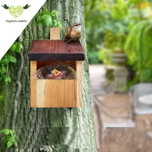 Robin House Half Cave Nest Box Wooden Quadrate Bird Enclosure With Solid Pattern Entrance Gap Windproof For Half-Cave Breeders