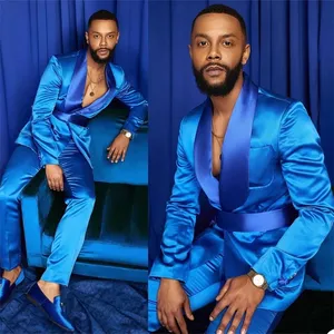 Men's Suits Italy Top Satin Slim Royal Blue Shiny Groom Prom Dress Tuxedo Customized Suit Pants Set Wholesale