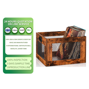 <span class=keywords><strong>Caisse</strong></span> à disques vinyles en bois style ferme avec côtés en maille pour collections de LP - Product Image 1
