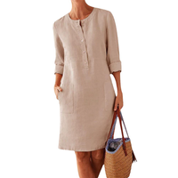 Robe décontractée en coton et lin pour femme grande taille, printemps-automne, avec détails boutonnés, taille naturelle, manches longues, style chemise-jupe