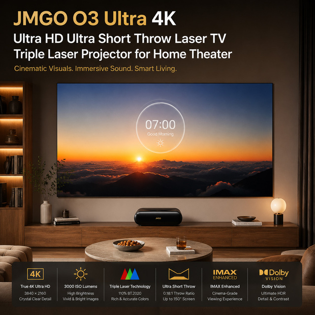 JMGO O3 Ultra Native 4K UHD Ultra Short Throw Triple Laser Projector, 4000 ISO Lumens 0.177:1 Throw Ratio Home Cinema Beamer
