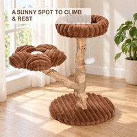 Arbre à chat compact en bois de café, griffoir en bois naturel, plateforme en peluche en forme de fleur