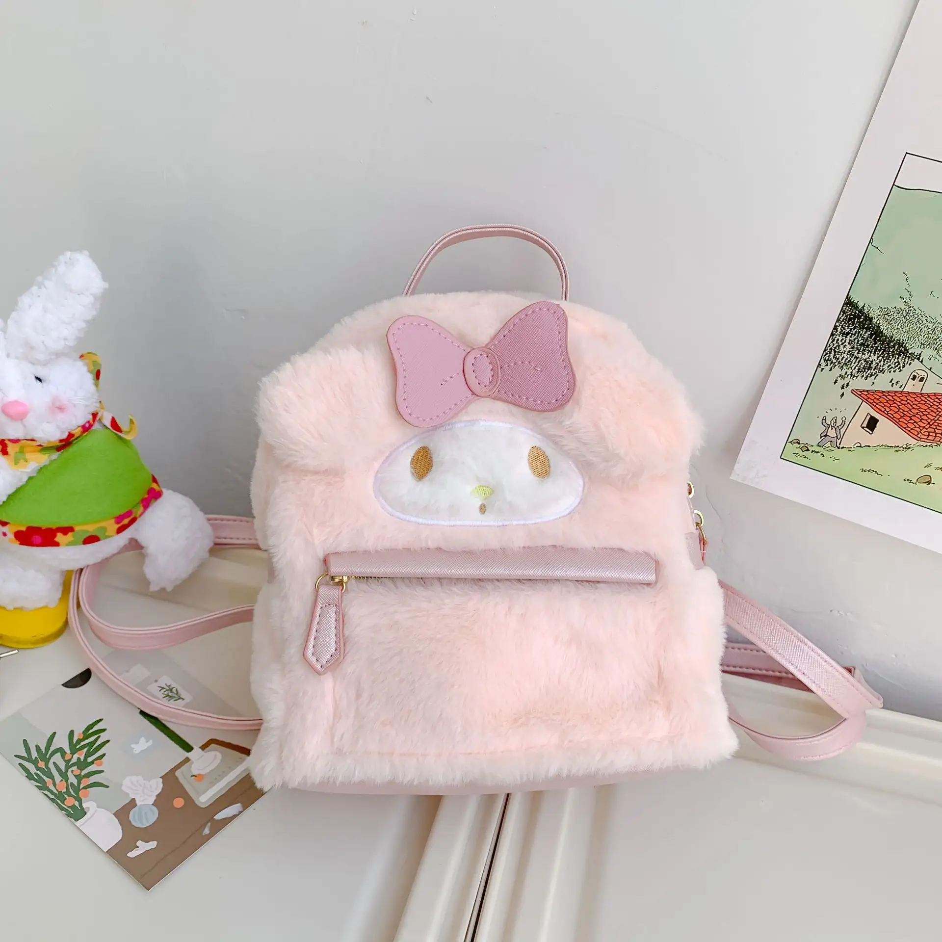 Mochila de pelúcia kawaii, bolsa escolar de animais desenhos animados para meninas, rosa, coelho branco