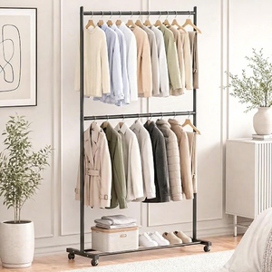 Double Tier Metal Clothing <b>Rack</b> With Wheels Minimalist Storage Holder For Wardrobe Standing Type Multifunctional Design - Product Image 6