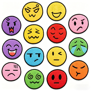 Patch brodé thermocollant fait main, motifs émoticônes de dessins animés (joie, colère, tristesse, bonheur) en cercle, pour vêtements et sacs - Product Image 1