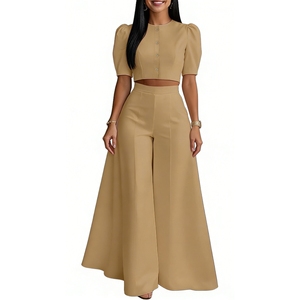 Women's Puff Sleeve Crop Top & Wide Leg <b>Pants</b> Set Button-<b>Down</b> 2-Piece Formal Outfit Fashion - Product Image 5