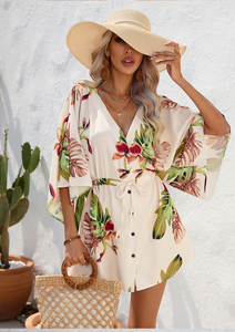 Vestido Mini de Playa con Cinturón, Cuello en V, Manga Media, Estampado Digital, Estilo Bohemio Vintage para Mujer, Ideal para Vacaciones y Salidas - Product Image 5