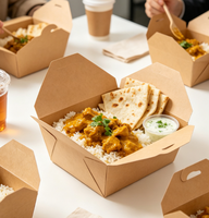Boîte pliable carrée en papier kraft recyclé pour services de restauration, conteneur alimentaire jetable en papier, vente en gros